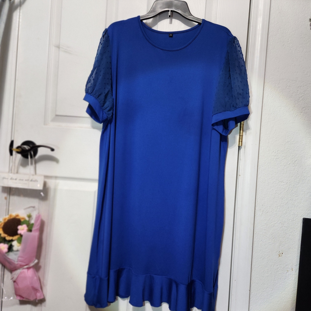 Elegant Blue Dress with Sheer Sleeves